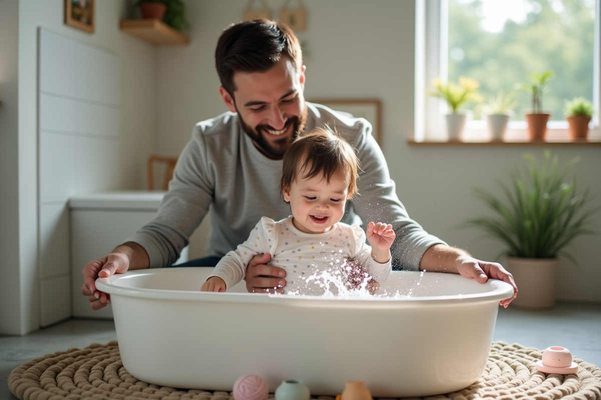 Père soutenant sa fille qui joue dans un bain