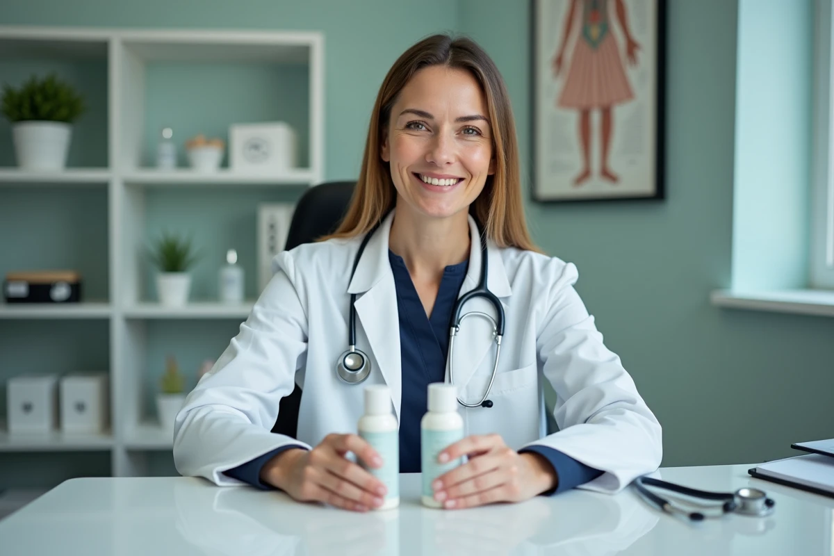 Pédiatre comparant un répulsif moustique bio et classique lors d'une consultation médicale