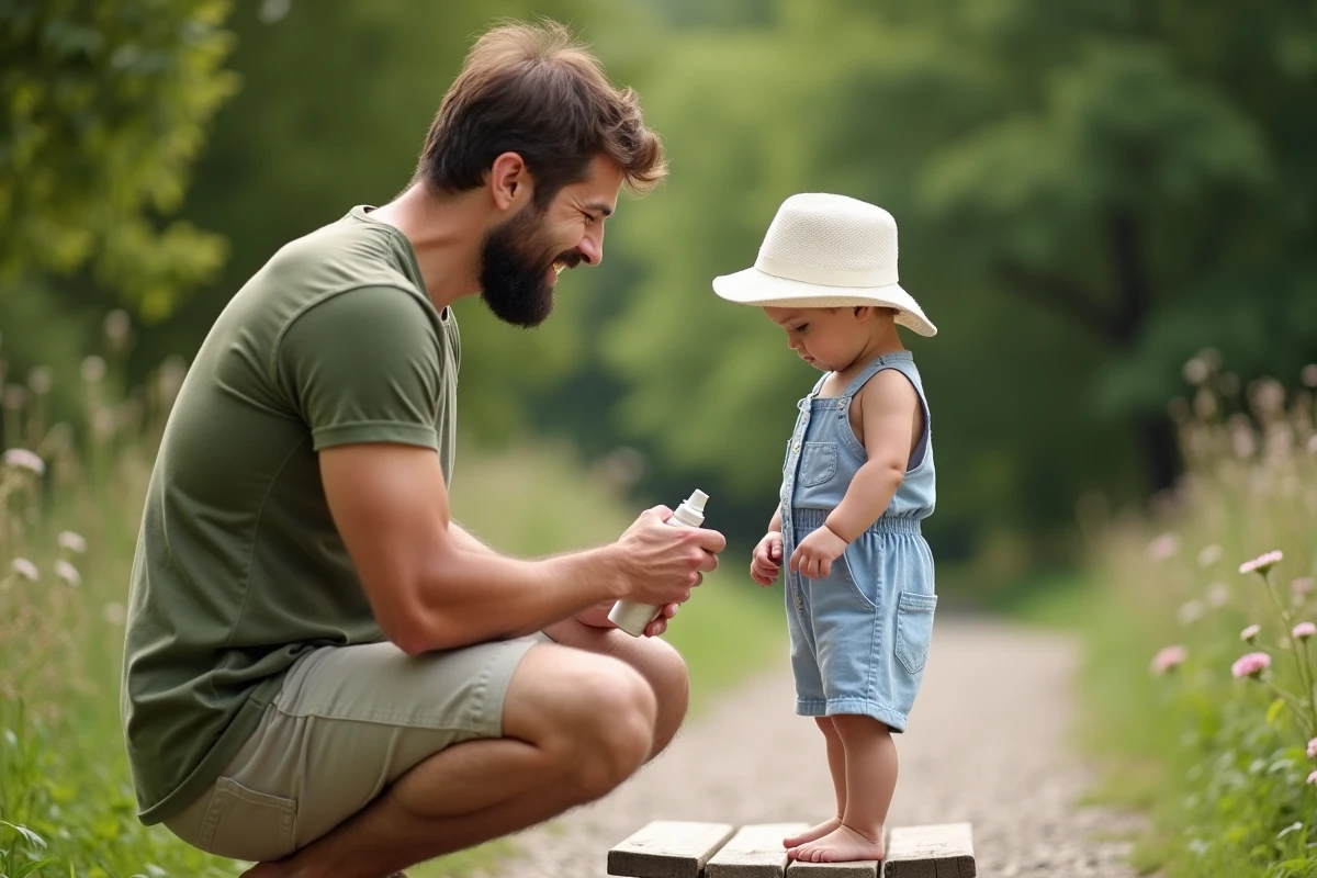 Père appliquant un répulsif moustique sur les jambes de son enfant en bas âge dans un parc en été