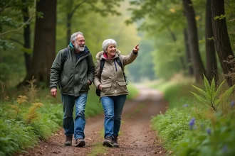 Couple marche en forêt d'Essonne souriant et pointant devant