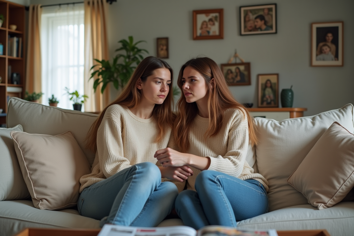 Deux soeurs assises sur un canapé cosy en famille